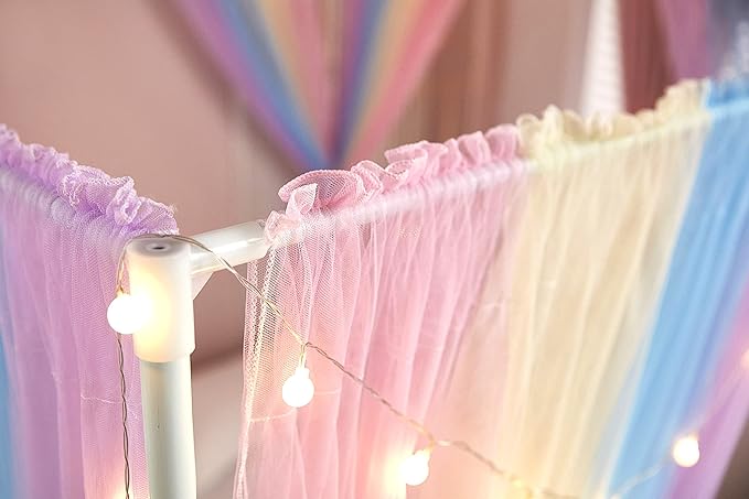 Akiky Canopy Bed Curtains with Lights 4 Corner Post Bed Canopy for Adults Girls, Rainbow Bed Drapes Netting-8 Panel Curtains,Twin