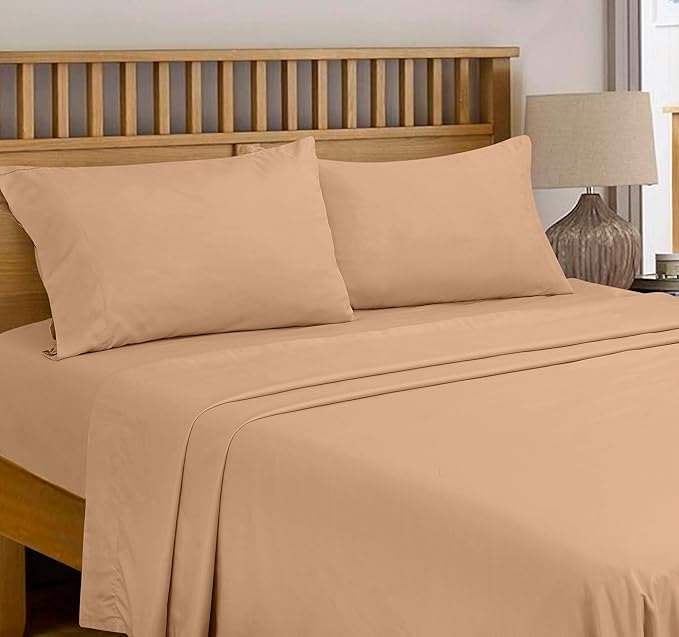 Royale Linens 300 Thread Count 100% Long Staple Combed Cotton Flat Sheet - Super Soft - Top Sheets - Queen Flat Sheet Sold Separately - Breathable, Cool & Crisp Percale Sheets Only (Queen, Sand)