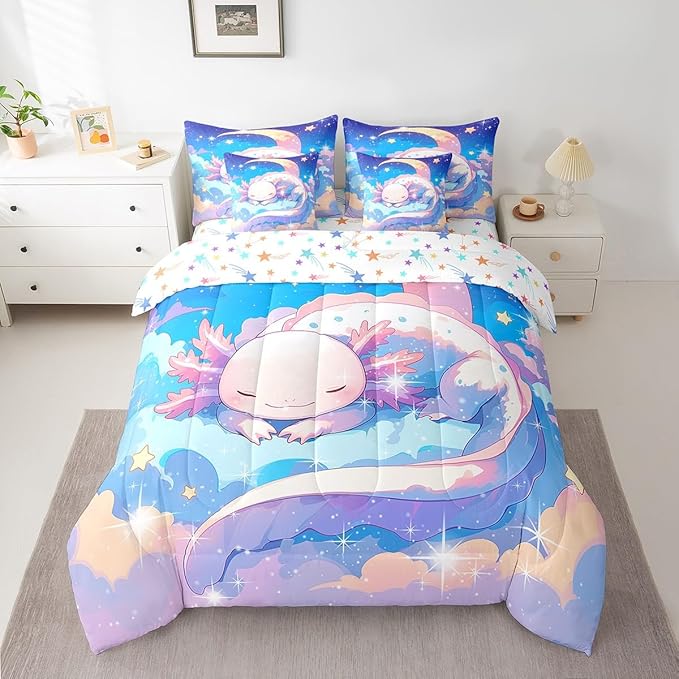 Feelyou Kids Cute Axolotl Bed in A Bag Full Size, Galaxy 7 Pieces Bedding Set Boys Girls Cartoon Salamander Comforter Set with Sheets Kawaii Animal Teens Bed Set Bedroom Decor 7Pcs