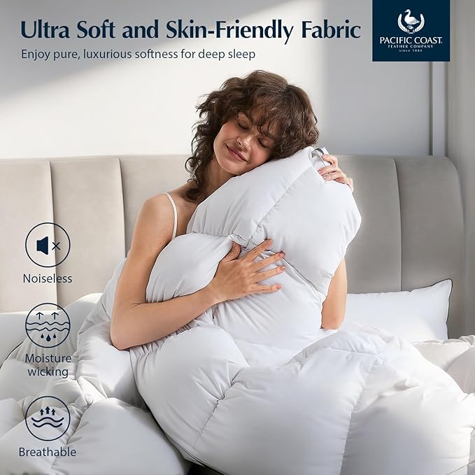 Pacific Coast Luxury White Goose Feather and Down Fiber Comforter Twin Size, All Season Fluffy Hotel Bedding Comforters, Ultra-Soft & Breathable Fabric Duvet Insert Twin with 8 Tabs, 68x90 Inch White