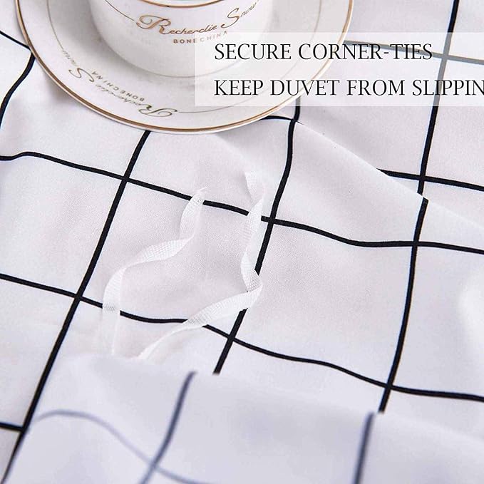 Nanko King Duvet Cover Set 3 pcs, 104x90 inch Geometric Cool Lightweight Microfiber Soft Luxury Quilt Cover with Zip Tie and 2 Pillowcase - Modern Bedding for Women Men, White Grid