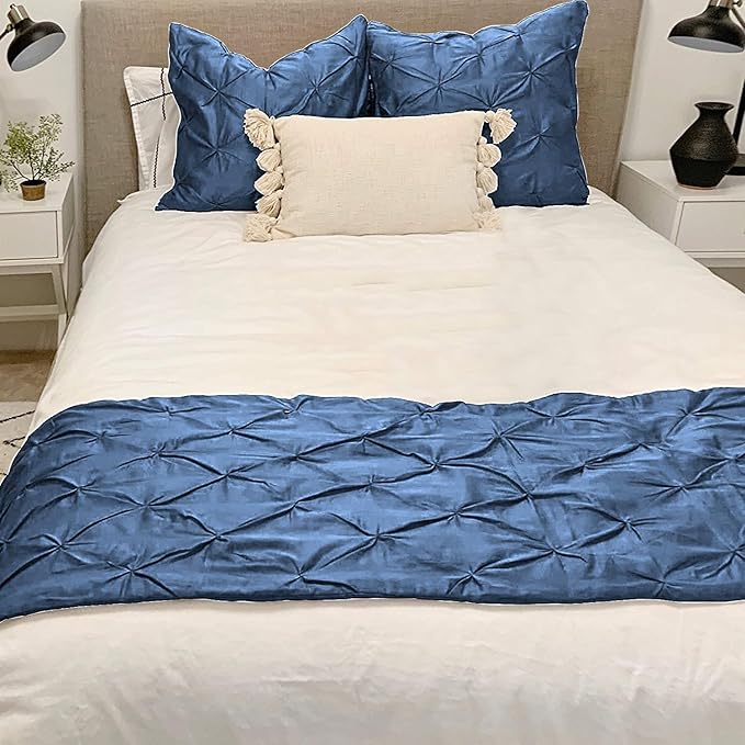 Queen Size Bed Runner Set - 3 Piece Pinch Pleated Bed Runner and 2 Pillow Covers - 100% Pure Cotton 800 Thread Count - Medium Blue