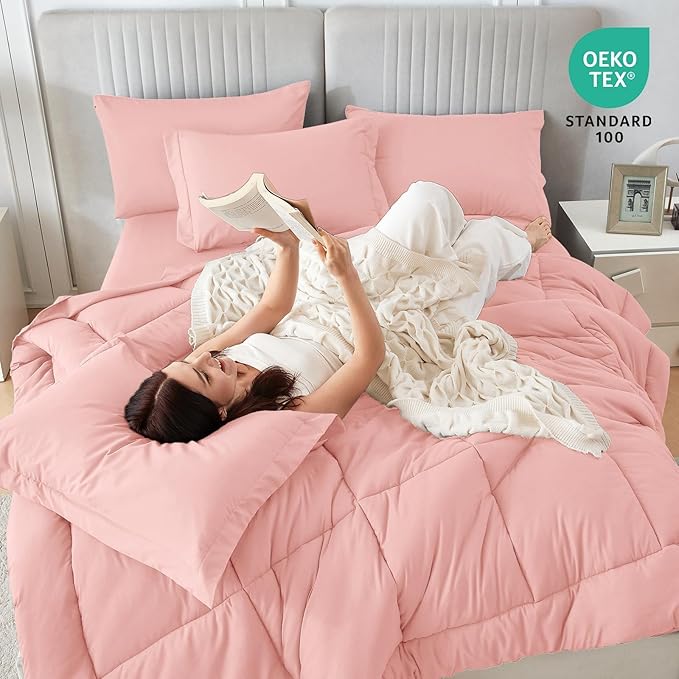 Sasttie Queen Comforter Set, Pink 7 Pieces Bed in a Bag Queen, Complete Bedding Set Includes Comforter, Flat Sheet, Fitted Sheet, Pillowcases and Pillow Shams, Pink