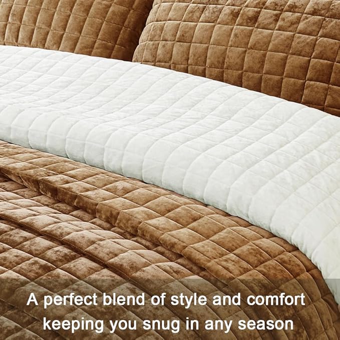 Luxurious Velvet Quilt Oversize King Size Set 120"x128" Ultra Soft Bedding Set Quilted Bedspread Coverlet with 2 Matching Pillow Shams for All Seasons,Caramel