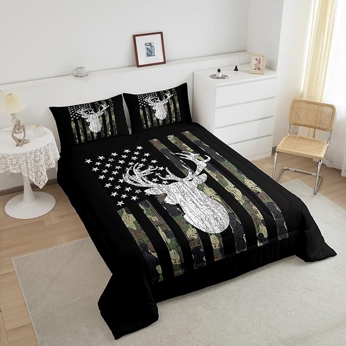 Camo Twin Bedding Set for Boys Army Green Camo American Flag Comforter Set,Teen Camouflage Deer Hunting Bedding Comforter Sets Rustic Farmhouse Woodland Animal Bedding Quilt Black White 1 Pillowcase