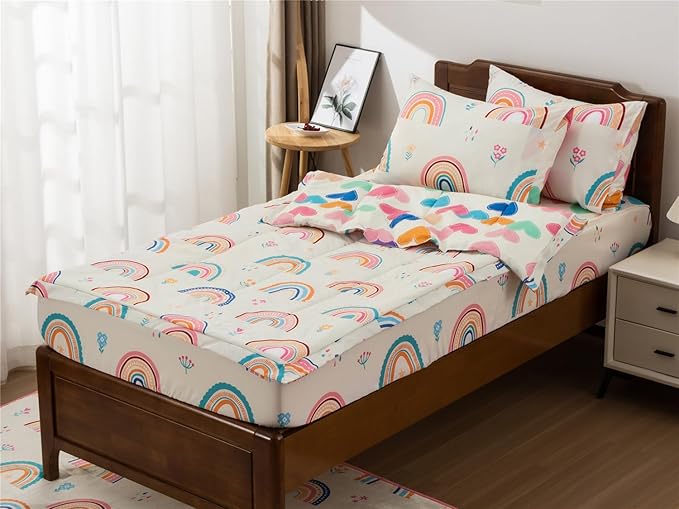 NTBED Rainbow Printed Zipper Bedding Sets Full Lightweight Microfiber Heart Comforter Sets with Fitted Sheet Pillow Covers,Beige