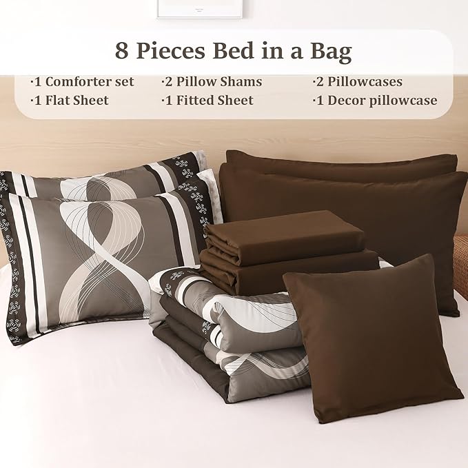 Anibedding Boho Comforter Set,8 Pieces Bed in a Bag Patchwork Striped Comforter Set,Brown Bed Set King Size,Soft Microfiber Boho Bedding Set for All Season(90"×104")