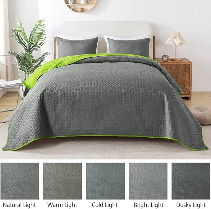 JML Quilts Set, Bedspread Coverlet Set with Pillowcases - 3 Piece Soft and Lightweight Bed Quilt for Spring, Autumn and Summer (Reversible Embossed - Charcoalgray/Limegreen, Full/Queen(88"x92"))