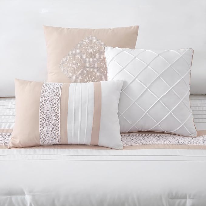 7 Piece Comforter Set, Pink White, King Size, Boho Style Geometric Microfiber Embroidery, Bed in a Bag with Bedskirt, Pillow Shams and Decor Pillows
