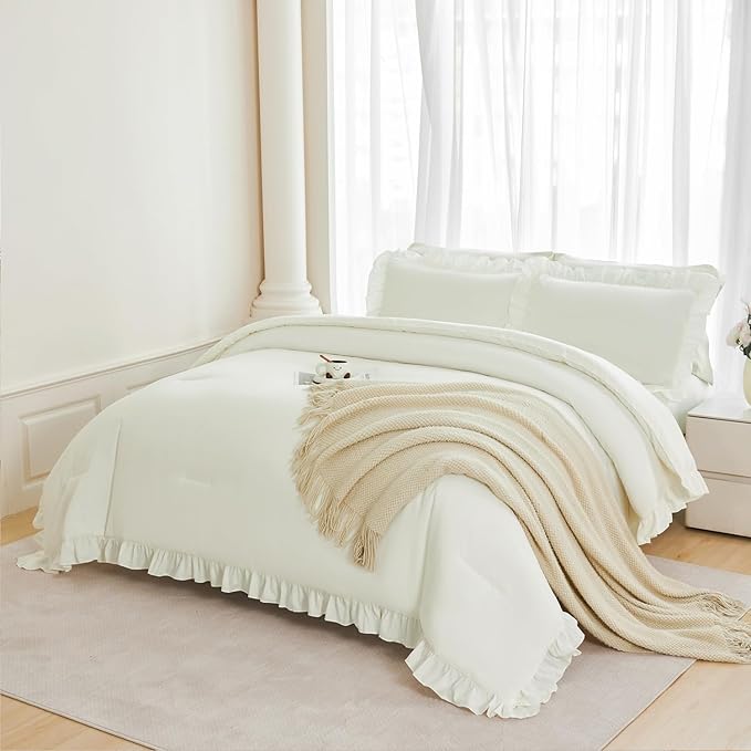 ANGIYUIN Queen Comforter Set Ivory 5 Pieces Beige Ruffled Bedding Sets Farmhouse Boho Bed in A Bag with Sheets Soft Shabby Chic Bed Set for Women Men(Ivory Queen)