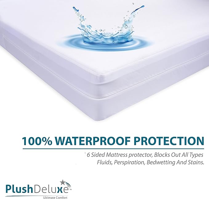 PlushDeluxe Premium 100% Waterproof Mattress Encasement, Breathable Soft Cotton Terry Surface (9"-12" Deep, Cal-King 72X84)