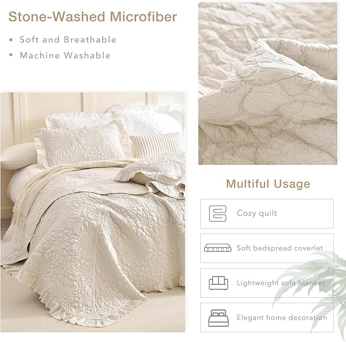 Masaca Oversized King Bedspread 128"x120",Wheat Ruffled Shabby Farmhouse King Quilt Bedding Set Oversized,3 Pieces Soft Lightweight Crinkled Extra Large Bedspread & Coverlet Sets for All Season