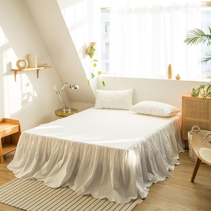 BISELINA French Linen Bed Skirt with Pleated Frills 22-Inch Tailored Drop Natural Flax Cotton Blend Dust Ruffle Soft Cozy Farmhouse Bedding (22" King, White)