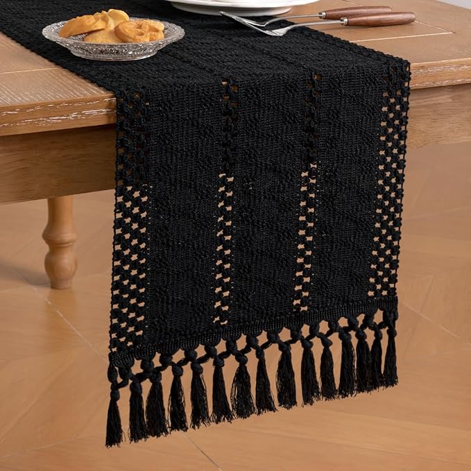 Socomi Boho Table Runner Easter Spring Farmhouse Rustic Dining Kitchen Centerpiece Decor Small Macrame Woven Cotton Linen Coffee Table Runner for Dresser Scarf Home Decor 12x36 inch Black