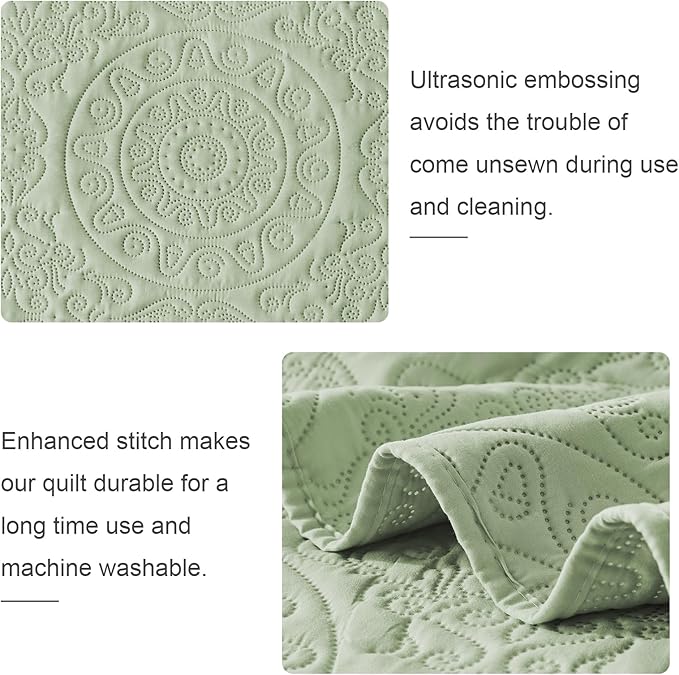 WURUIBO Sage Green Quilt Set King/Cal King Size, Embossing Microfiber Bedspreads with Pillow Sham, Ligthweight Breathable Thin Coverlet, Reversible Bedding Set for All Season (1 Quilt,2 Pillow Shams)