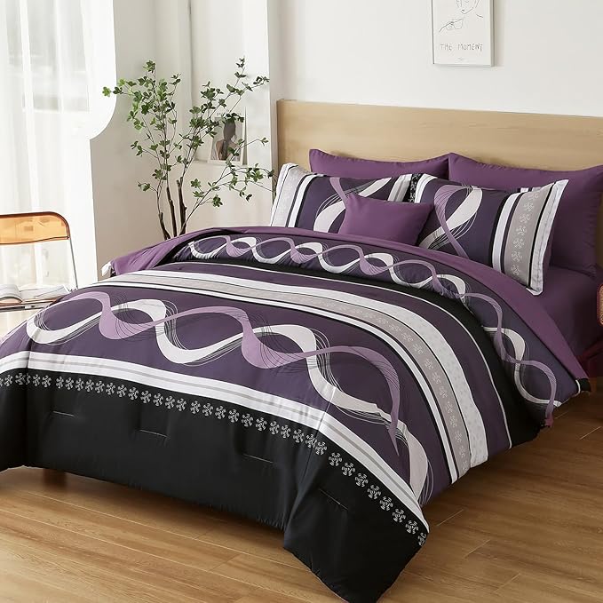 Anibedding Purple Comforter Set Full Size,8 Pieces Bed in a Bag Patchwork Striped Bedding Sets,Boho Soft Microfiber Bedding Set for All Season(78"×90")