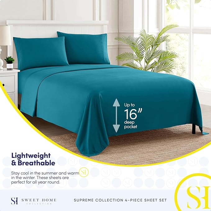 Split King Sheets - Breathable Luxury Sheets with Full Elastic & Secure Corner Straps Built In - 1800 Supreme Collection Extra Soft Deep Pocket Bedding Set, Sheet Set, Split King Size, Teal