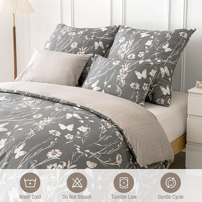 Lekesky Grey Duvet Cover Set Queen Size, Reversible Vintage Print Comforter Cover Queen Size 3pc, Soft 100% Washed Microfiber Grey Bedding Sets with Zipper Ties and 2 Pillowcases