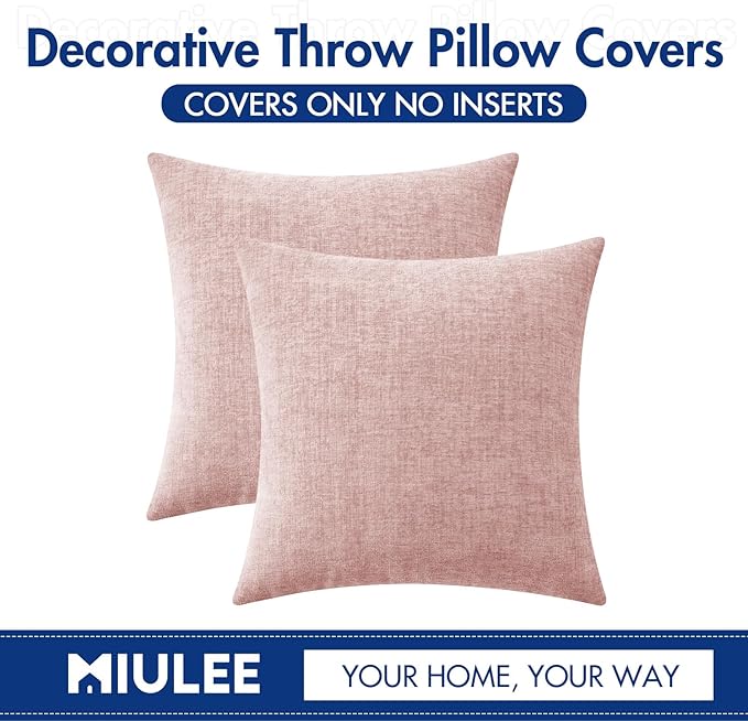 MIULEE Pack of 2 Couch Valentines Throw Pillow Covers 18x18 Inch Soft Spring Pink Chenille Pillow Covers for Sofa Living Room Solid Dyed Pillow Cases