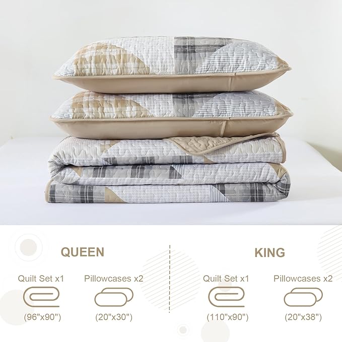 Annibedding Patchwork Quilt Set King Size, Brown Geometric Bedspread with 2 Pillow Shams, Soft Lightweight Plaid Patchwork Bedding Quilt Set for All Season (King, 110''x90'')