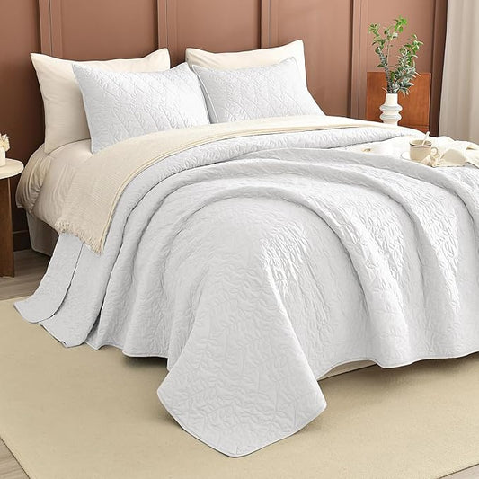 Lady Ann White Oversized Queen Quilt 100x106, Leaves Pattern Printed Oversized Queen Bedspreads for Bed, Lightweight & Soft Farmhouse Coverlets All Season Extra Large 3 Pcs Quilted Bedding Sets