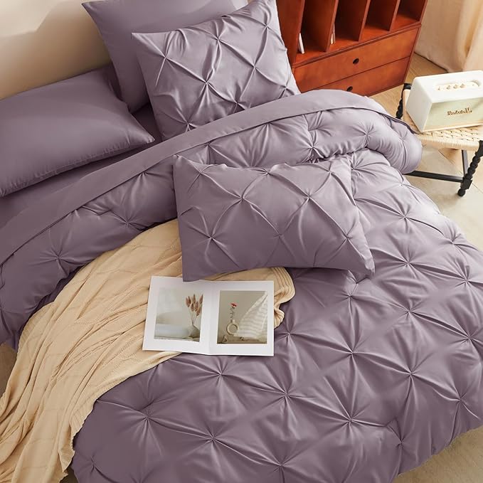 King Comforter Set Dusty Purple, 7 Pieces Pintuck Bed in A Bag King Size Bedding, Soft Bed Set All Season Pinch Pleat Comforter Set with Sheets, Pillowcases & Shams