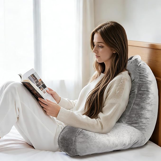 Reading Pillow for Sitting in Bed Adult, Reading Pillow with Shredded Memory Foam, Bed Pillow with Washable Cover, Back Pillow Sitting Up with Extend Arms, Light Gery, X-Large