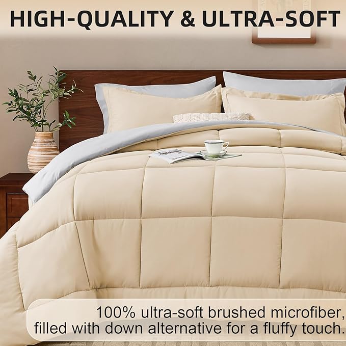 FUANNA Queen Comforter Set 7 Pieces, Reversible Bed in a Bag with All Season Soft Comforter, Bedding Sets Includes Comforter, Flat Sheet, Fitted Sheet, Pillowcases & Shams, Beige & Light Grey