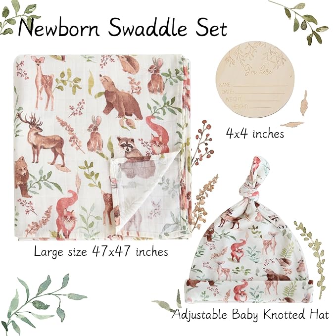 LifeTree Muslin Swaddle Blankets, Muslin Baby Boy Swaddle Blanket and Hat Set with Birth Announcement Card, Newborn Unisex Receiving Blankets Woodland Forest Animals