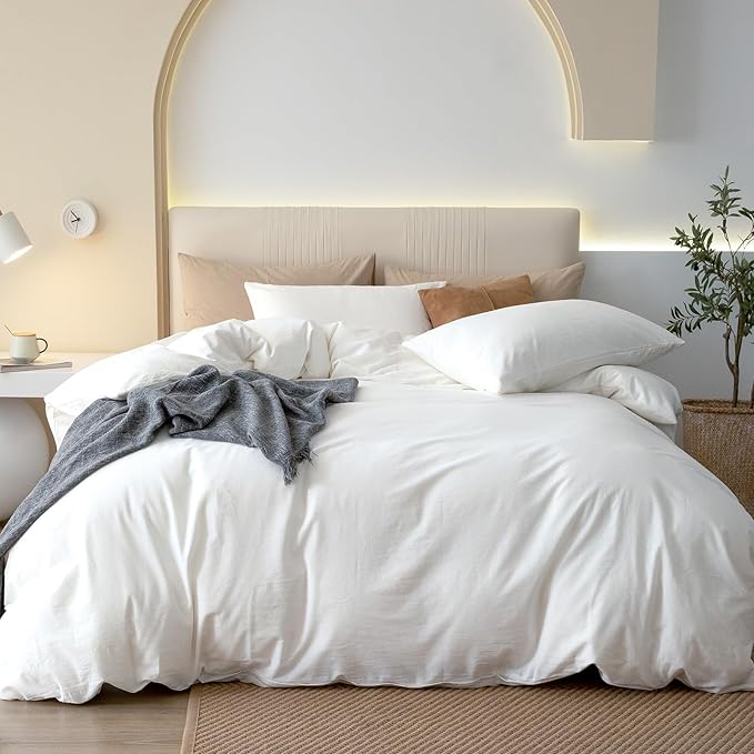 JIYUAN 100% Washed Cotton Duvet Cover Set 3 PCS Super King Plus, 1 Duvet Cover 120x120 Inches(Comforter Not Included) and 2 Pillowcases,Linen Feel Bedding Set Comfy and Breathable,Bright White