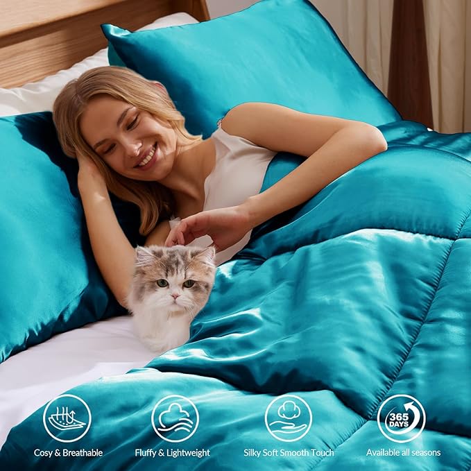 Whale Flotilla 3-Piece Reversible Silky Soft King Size Comforter Bedding Set, Luxurious Satin Comforters Oversized with 2 Satin Pillowcases, Lightweight Duvet for All Seasons, Turquoise