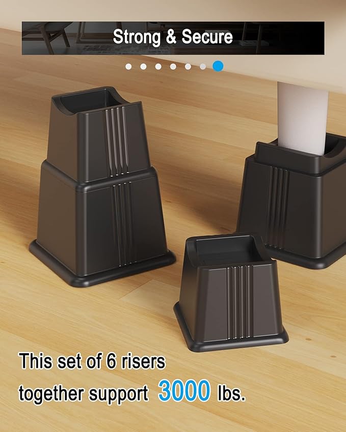 ZTON Bed Furniture Risers Elevation in Height 3" Heavy Duty Risers for Both Posts and Wheels of Furniture Sofa Bed Couch Chair Table, Support up to 3000 lbs. (6 Pack, Black)