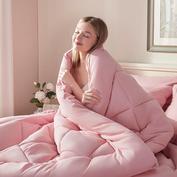 ELNIDO QUEEN® Queen Comforter Set - 7 Pieces Bed in a Bag Queen Size, Bed Set for All Seasons, Blush Pink Ultra Soft Bedding Sets with Comforter, Flat Sheet, Fitted Sheet, Pillowcases and Pillow Shams