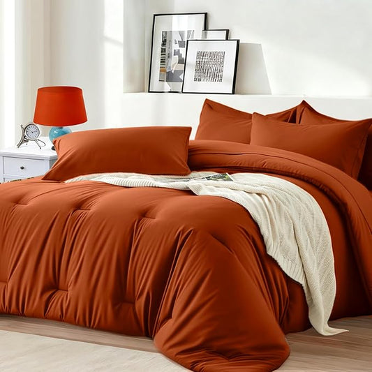 California King Size Comforter Set 7 Pieces - Soft Bed in a Bag King Bed Set, Cozy Luxury Bedding Sets with All Season Comforter, Flat Sheet, Fitted Sheet, 2 Pillowcases & 2 Shams, Orange