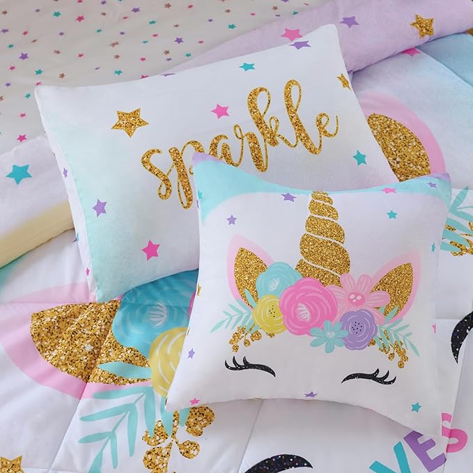 Cokouchyi Twin Size Comforter Set for Girls, 6-Piece Bed in a Bag, 3D Colorful Unicorn Bedding Comforter Sheet Set, Ultra Soft and Fluffy, Pink & Rainbow Color