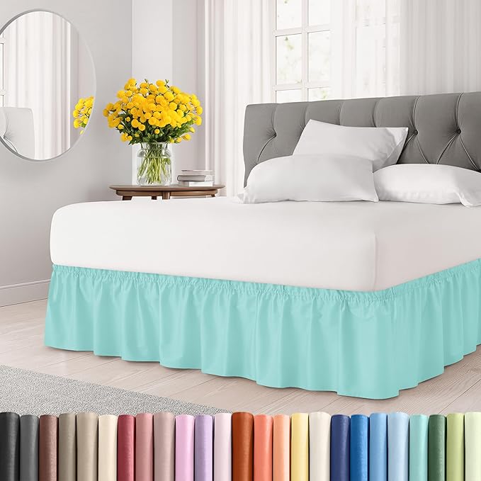 Wrap Around Dust Ruffle Bed Skirt - Spa Blue - for Queen Size Beds with 21 Inch Drop - Elastic Strap - Adjustable Pleated Bedskirt with Brushed Fabric and Wrinkle Free - for Women, Men, Kids & Teens