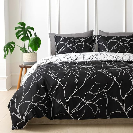 Lekesky Reversible Duvet Cover King Size, Black White Branch Comforter Cover King 3pcs Microfiber Botanical Bedding Set with Zipper Closure Corner Ties