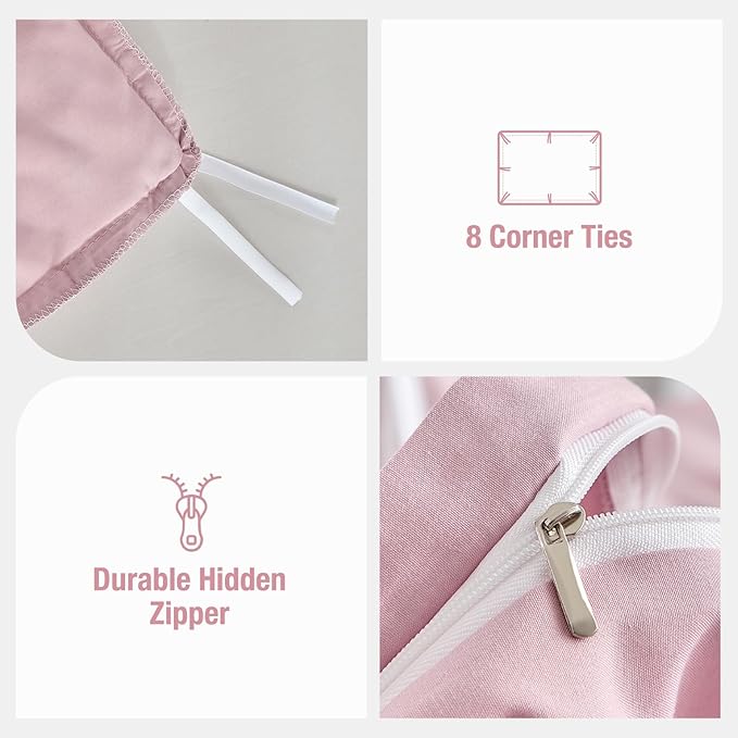 Lekesky Ruffle Duvet Cover Queen Size, Farmhouse Shabby Chic 3 Pieces Washed Microfiber Pink Girls Bedding Set, Soft Aesthetic Queen Comforter Cover with Ruffled Edges, Zipper & Corner Ties
