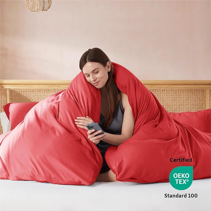 Nestl California King Duvet Cover Set with Comforter Insert - Red 4 Piece 104x98 Duvet Cover & 2 Pillow Shams with White Quilted Down Alternative Comforter, Ultra Soft, All Season