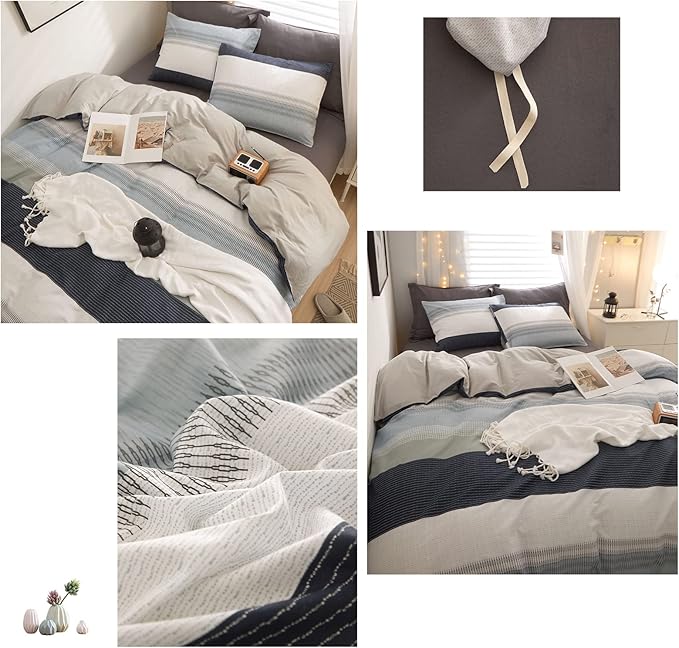 LifeTB Cotton Duvet Cover Queen White Blue Gray Stripe Comforter Cover Geometric Stripe Bedding Set Modern Soft Duvet Cover for Men Boy Teen Boho Queen Duvet Cover Set