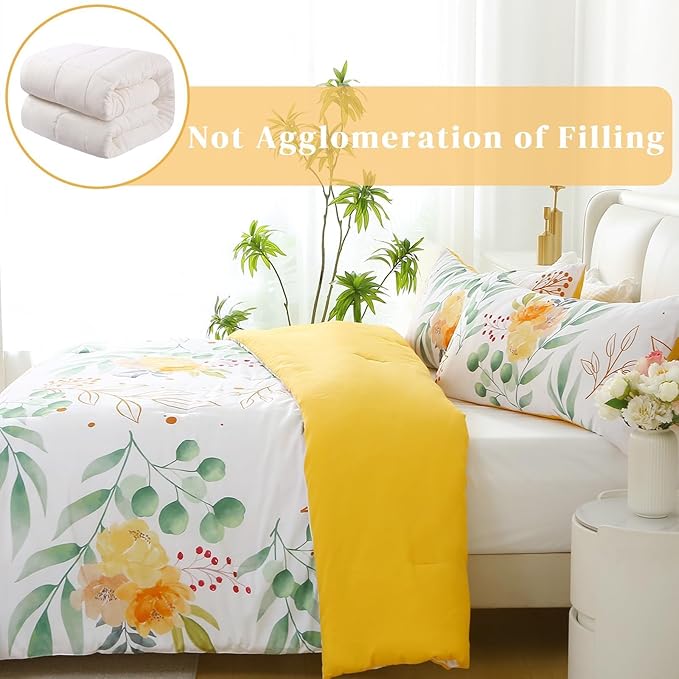 King Comforter Set Yellow 3 Pieces Bed in a Bag, Floral Bedding Sets Elegant Botanical Bed Set Lightweight Soft Comforter with 2 Pillowcases for All Season