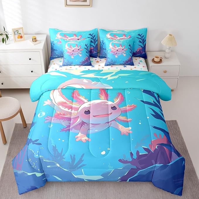 Feelyou Kids Cute Axolotl Bed in A Bag King Size, Cartoon Salamander Comforter Set with Sheets Ocean Sealife 7 Pieces Bedding Set Boys Girls Kawaii Animal Teens Bed Set Bedroom Decor 7Pcs