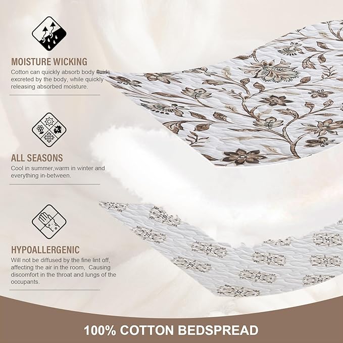 Oversized Queen Bedspreads 120"x102" - 100% Cotton Super King Quilt, Farmhouse Brown Floral Pattern, Extra Large Quilted Coverlet, Lightweight Reversible XL Bedding Set, 3 Pcs