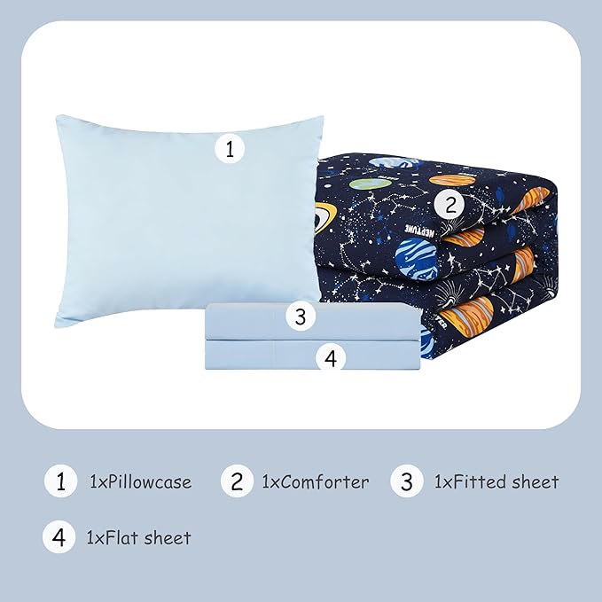 Toddler Bedding Set - 4 Pieces Toddler Comforter Set for Kids Boys,Glow in The Dark Space Bed in A Bag with Sheets
