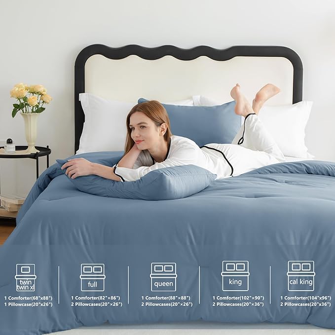 CozyLux California King Comforter Set Grayish Blue, 3 Pieces Cal King Solid Breathable Quilted Bedding Sets, Luxury Soft Bed Set with Down Alternative Comforter and 2 Pillowcases for All Season