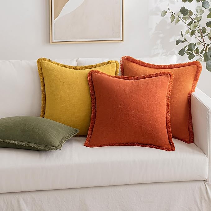 MIULEE Decorative Throw Pillow Covers Neutral Linen Fringe Throw Pillows Set of 2 Burnt Orange Boho Farmhouse Cushion Covers with Tassels for Couch Sofa Bed Living Room Home Decor 18x18 Inch