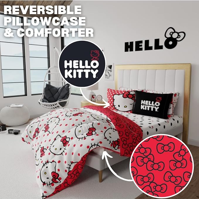 Franco Collectibles Hello Kitty Polka Dot Bedding 7 Piece Super Soft Comforter and Sheet Set with Sham, Queen, (Official Licensed Product)