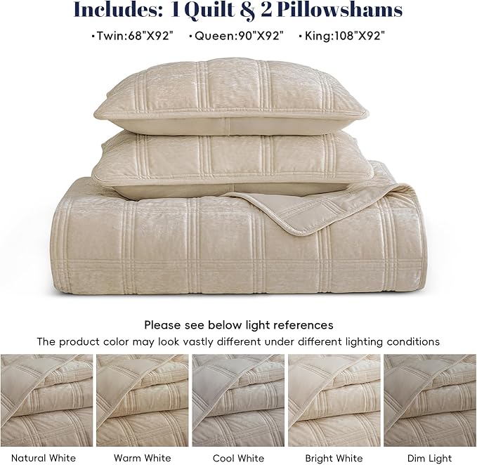 PHF Ultra Soft Velvet Quilt Set King Size – 3PCS Luxurious Cozy Quilted Comforter Alternative with Diamond Pattern, Warm Quilted Bedspread Coverlet, 108" x 92", Oxford Tan