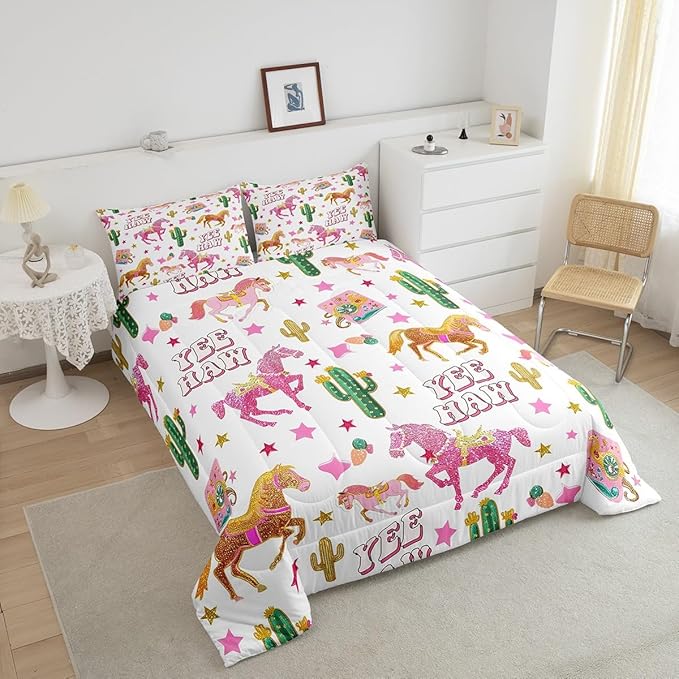 Feelyou Pink Glitter Cowgirl Decor Comforter Set Toddler Size for Girls Adults Cowboy Horse Boots Print Kids Kawaii Bedding Set Girly Whitewooden Farmhouse Quilt Set with 1 Pillowcase