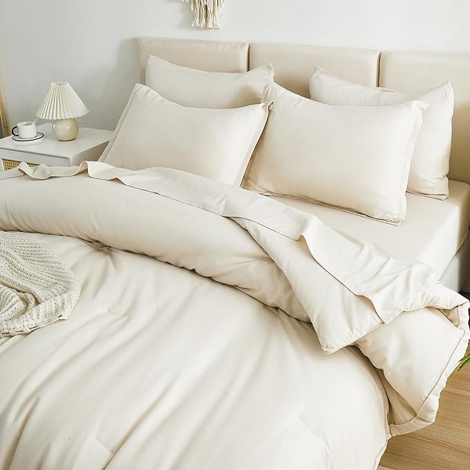 Litanika Bed in a Bag King Beige - 7 Pieces King Size Comforter Set Bedding Comforter Sets, Solid Fluffy Bed Set with Comforter, Sheets, Pillowcases & Shams